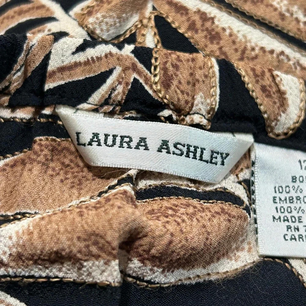 Laura Ashley Maxi Skirt Size 12 Black‎ Brown Tan Floral Leaf Print Long